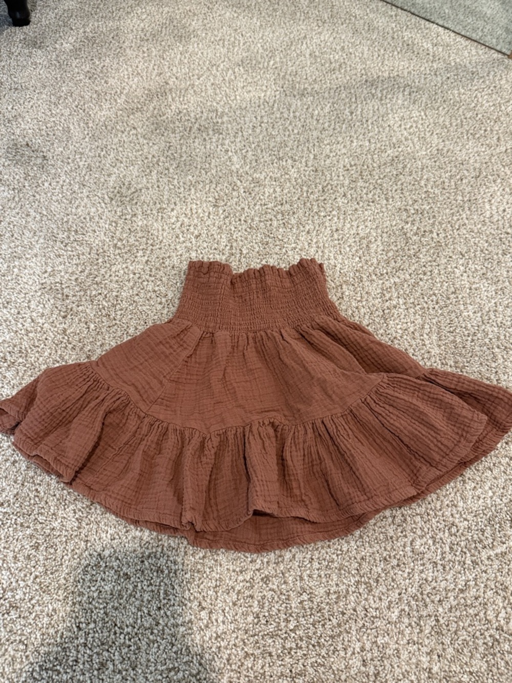 Smocked Waist Ruffle Tiered Mini Skirt — Brown